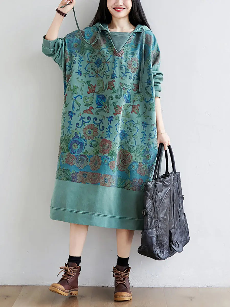 Women Artsy Flower Spring Hooded Cotton Dress Ada Fashion