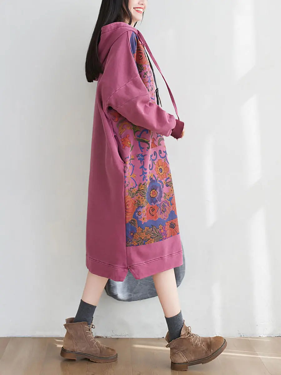 Women Artsy Flower Spring Hooded Cotton Dress Ada Fashion