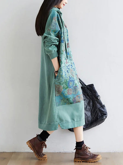 Women Artsy Flower Spring Hooded Cotton Dress Ada Fashion