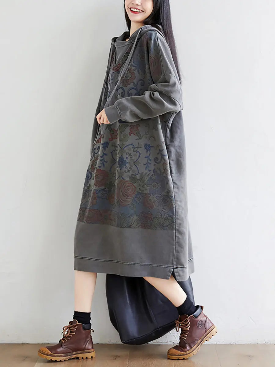 Women Artsy Flower Spring Hooded Cotton Dress Ada Fashion