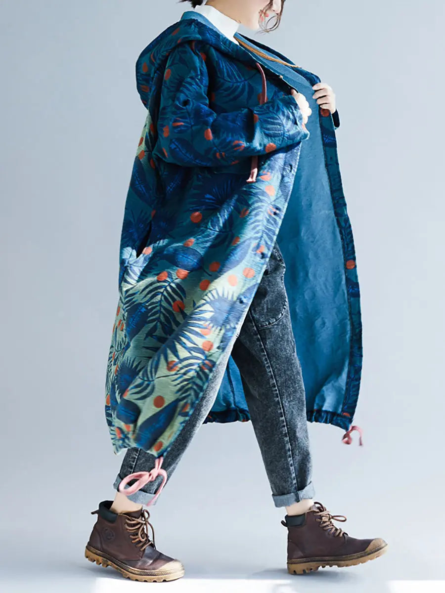 Women Artsy Leaf Gradual Print Denim Hooded Long Coat Ada Fashion