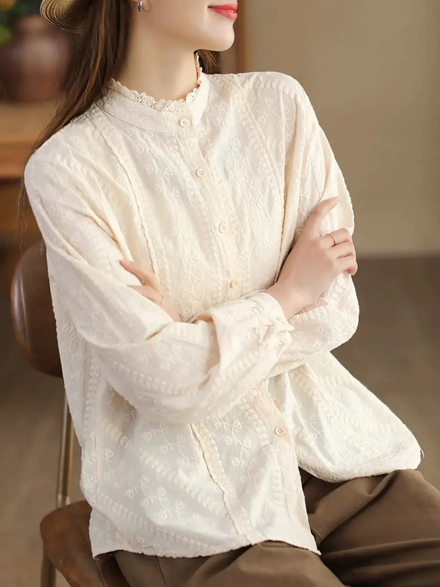 Women Artsy Spring Lacework Flower Jacquard Shirt Ada Fashion