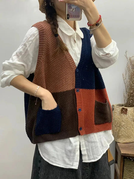 Women Autumn Colorblock Knitted V-Neck Vest Ada Fashion