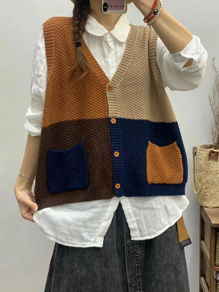 Women Autumn Colorblock Knitted V-Neck Vest Ada Fashion