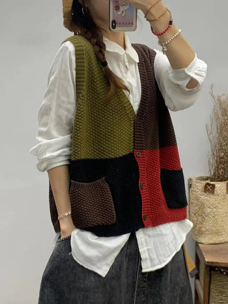 Women Autumn Colorblock Knitted V-Neck Vest Ada Fashion