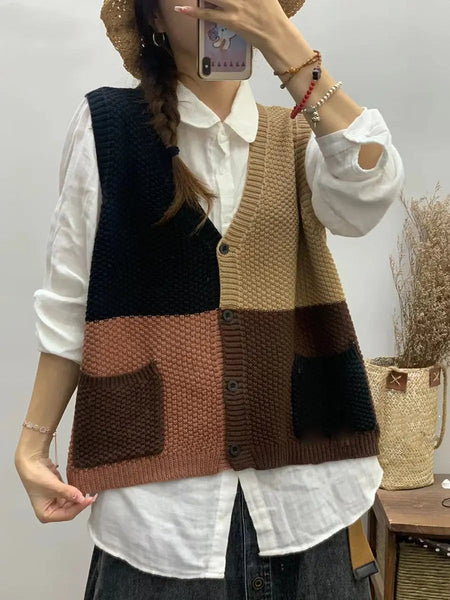 Women Autumn Colorblock Knitted V-Neck Vest Ada Fashion