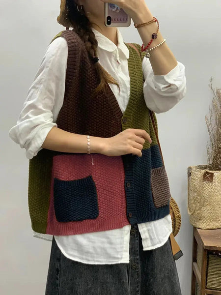 Women Autumn Colorblock Knitted V-Neck Vest Ada Fashion