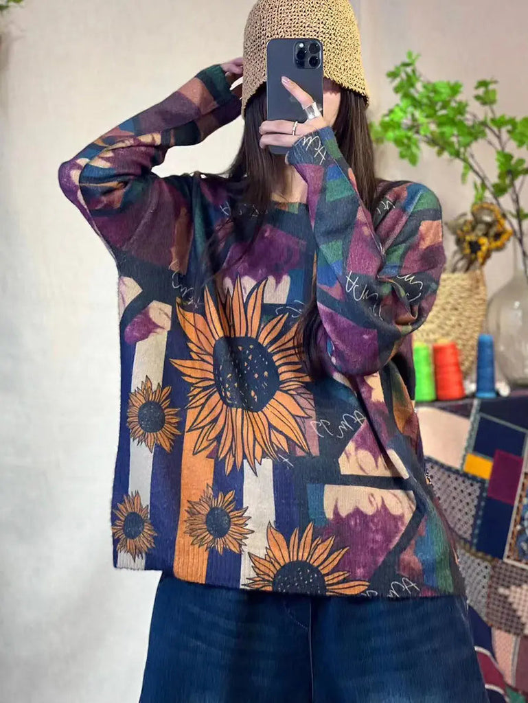 Women Autumn Flower Print Knitted O-Neck Sweater Ada Fashion