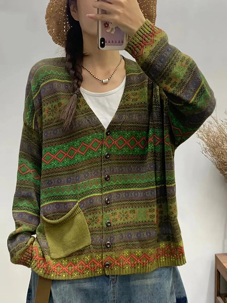 Women Autumn Geometric Knitted V-neck Sweater Ada Fashion