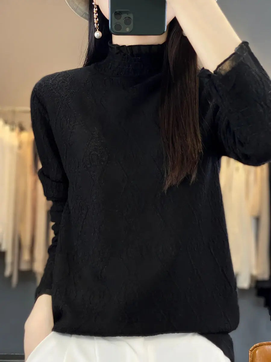 Women Autumn Lacework Knitted Half-Turtleneck Blouse Ada Fashion