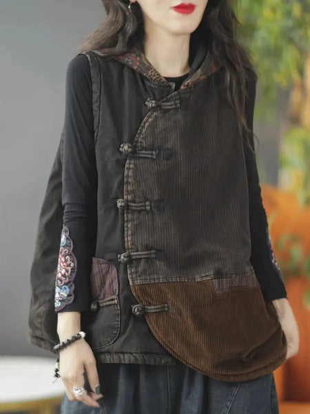 Women Autumn Retro Spliced Corduroy Hooded Vest Coat Ada Fashion