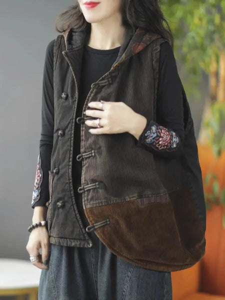 Women Autumn Retro Spliced Corduroy Hooded Vest Coat Ada Fashion
