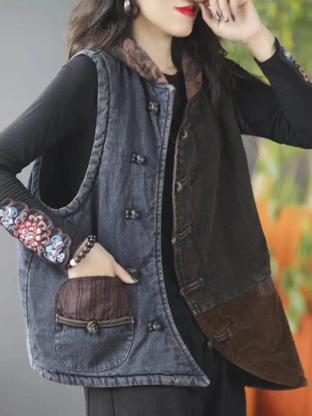 Women Autumn Retro Spliced Corduroy Hooded Vest Coat Ada Fashion