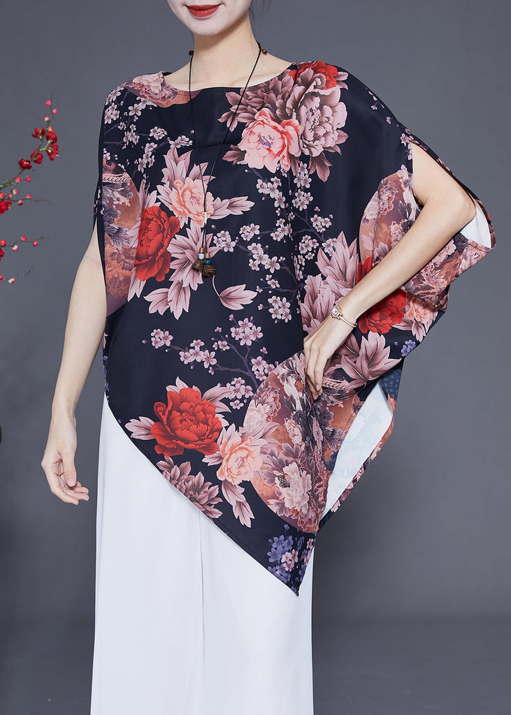 Women Black Asymmetrical Design Print Silk Top Summer LY1826