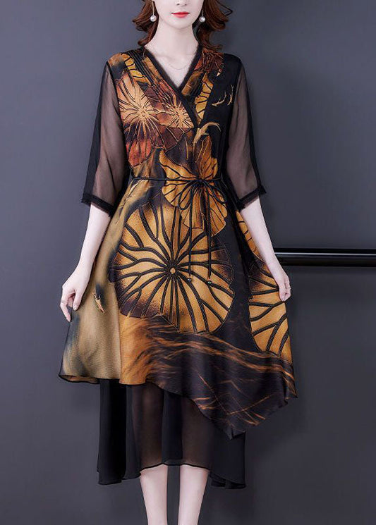 Women Black Asymmetrical Patchwork Print Silk Dress Summer TH1015