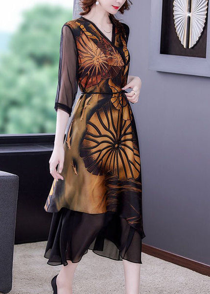 Women Black Asymmetrical Patchwork Print Silk Dress Summer TH1015