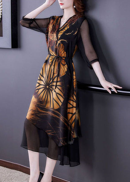 Women Black Asymmetrical Patchwork Print Silk Dress Summer TH1015