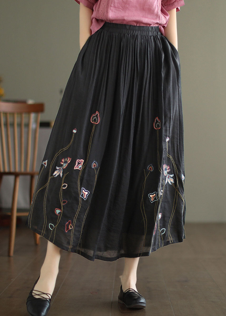 Women Black Elastic Waist Embroideried Linen Silk Skirt Spring TG1009