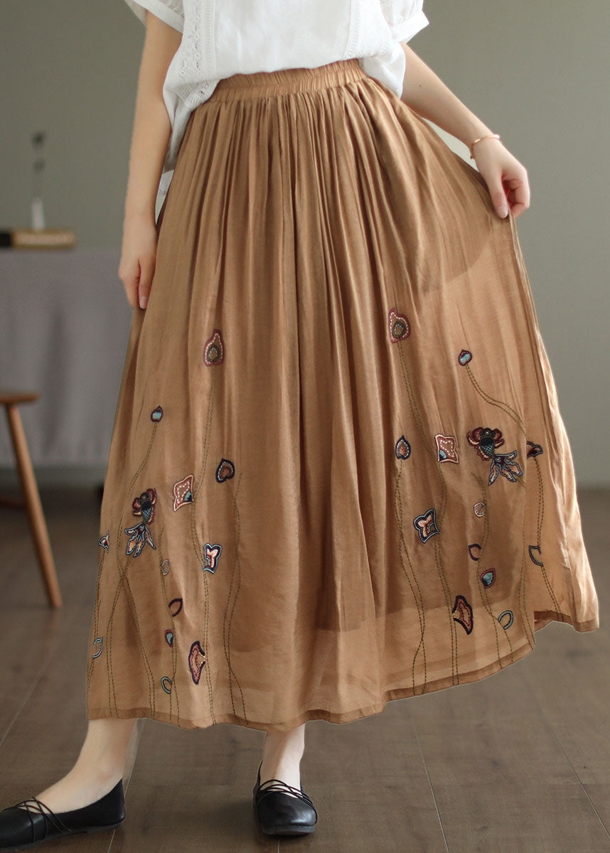 Women Black Elastic Waist Embroideried Linen Silk Skirt Spring TG1009