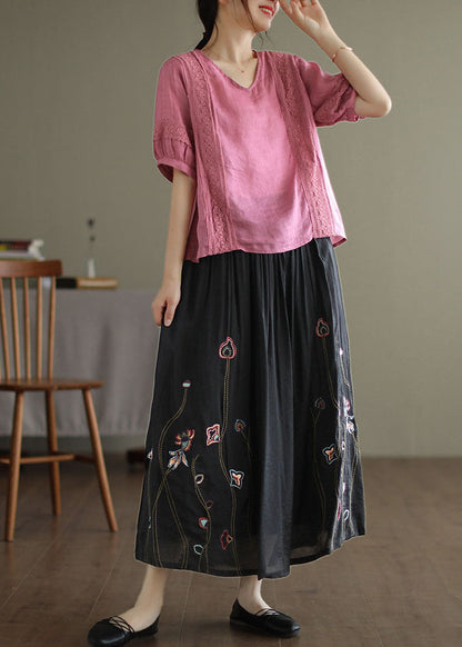 Women Black Elastic Waist Embroideried Linen Silk Skirt Spring TG1009