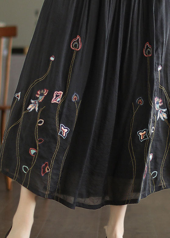 Women Black Elastic Waist Embroideried Linen Silk Skirt Spring TG1009