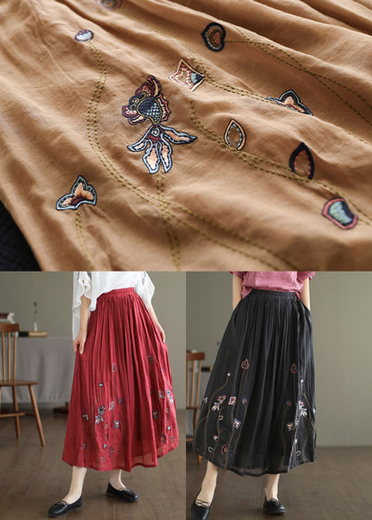 Women Black Elastic Waist Embroideried Linen Silk Skirt Spring TG1009