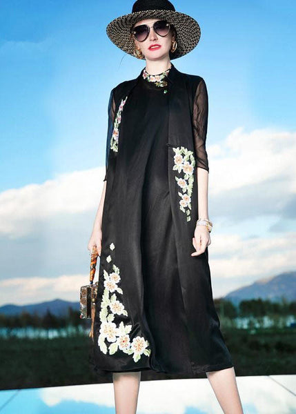 Women Black Embroideried Patchwork Silk Cardigans Summer LC0230