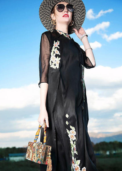 Women Black Embroideried Patchwork Silk Cardigans Summer LC0230