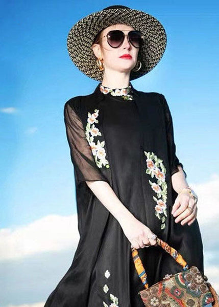 Women Black Embroideried Patchwork Silk Cardigans Summer LC0230