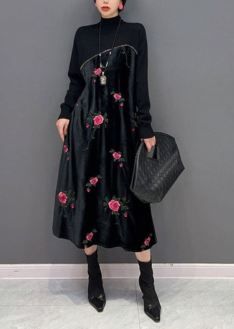 Women Black High Neck Embroideried Knit Patchwork Silk Velour Dress Spring LY1659