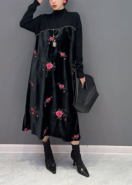 Women Black High Neck Embroideried Knit Patchwork Silk Velour Dress Spring LY1659