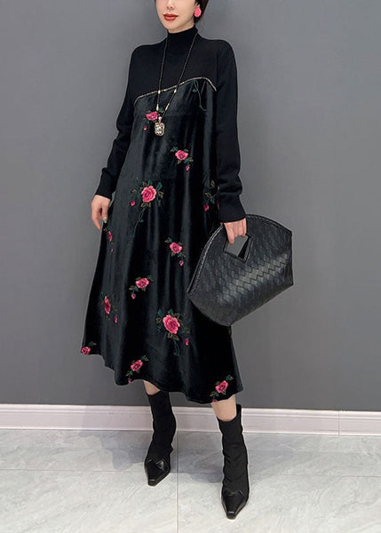 Women Black High Neck Embroideried Knit Patchwork Silk Velour Dress Spring LY1659