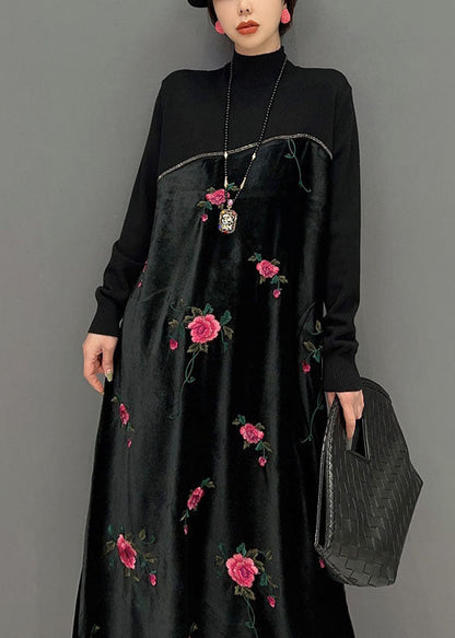 Women Black High Neck Embroideried Knit Patchwork Silk Velour Dress Spring LY1659