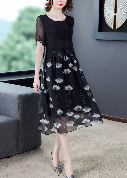 Women Black Hollow Out Patchwork Silk Fake Two Piece Dress Summer TH1013