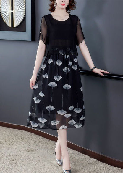 Women Black Hollow Out Patchwork Silk Fake Two Piece Dress Summer TH1013