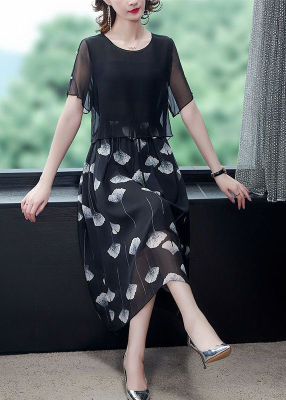 Women Black Hollow Out Patchwork Silk Fake Two Piece Dress Summer TH1013