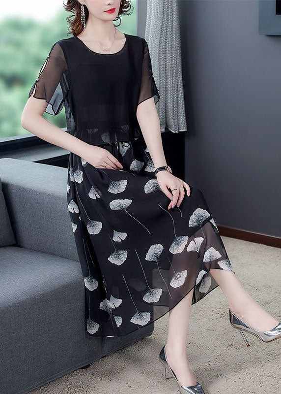 Women Black Hollow Out Patchwork Silk Fake Two Piece Dress Summer TH1013