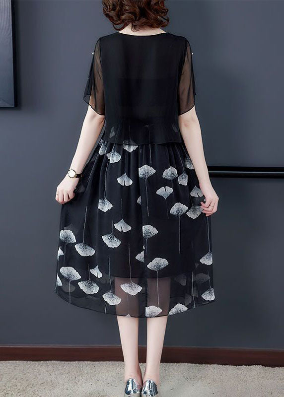 Women Black Hollow Out Patchwork Silk Fake Two Piece Dress Summer TH1013