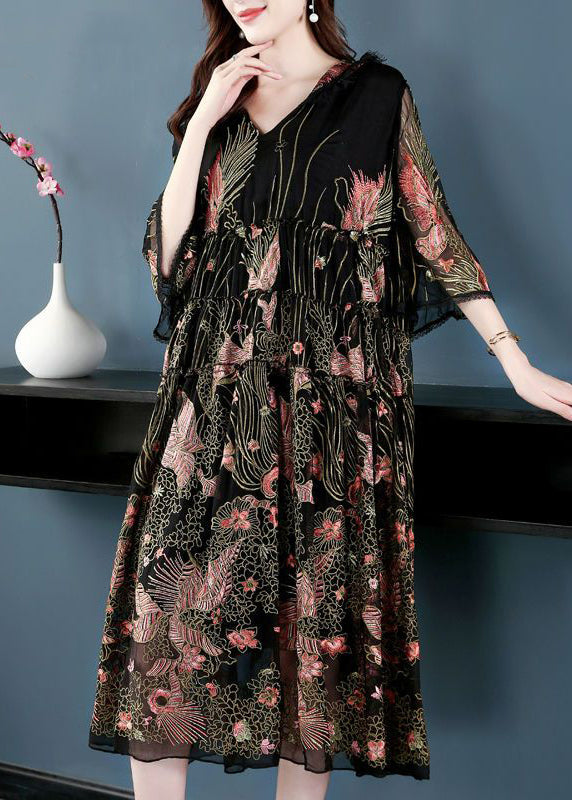 Women Black Hooded Embroideried Silk A Line Dress Summer LY0693