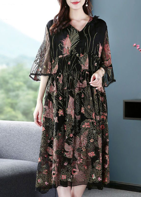 Women Black Hooded Embroideried Silk A Line Dress Summer LY0693