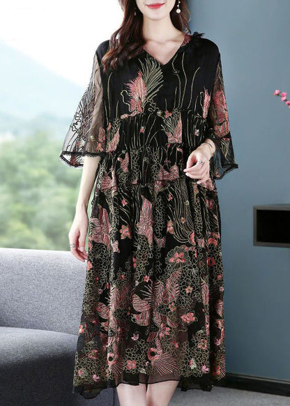 Women Black Hooded Embroideried Silk A Line Dress Summer LY0693