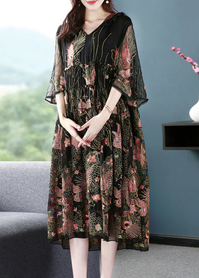 Women Black Hooded Embroideried Silk A Line Dress Summer AC3000