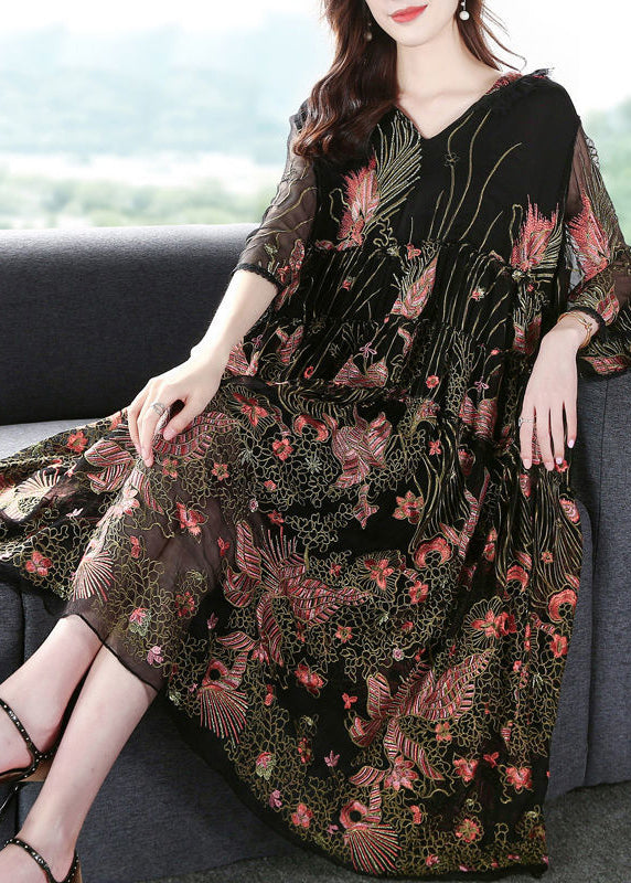 Women Black Hooded Embroideried Silk A Line Dress Summer LY0693