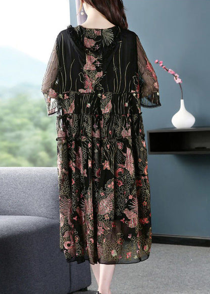 Women Black Hooded Embroideried Silk A Line Dress Summer LY0693