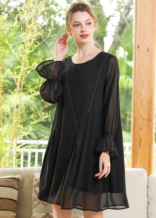 Women Black O-Neck Chiffon A Line Dress Lantern Sleeve LY0255