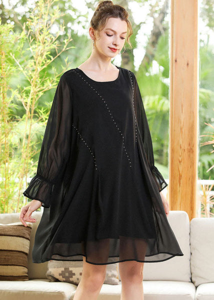 Women Black O-Neck Chiffon A Line Dress Lantern Sleeve LY0255