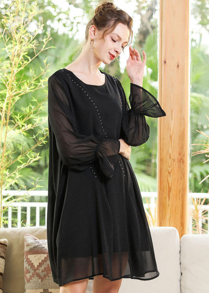 Women Black O-Neck Chiffon A Line Dress Lantern Sleeve LY0255