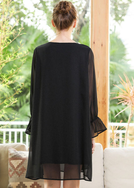 Women Black O-Neck Chiffon A Line Dress Lantern Sleeve LY0255