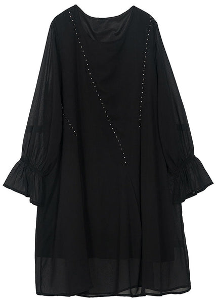 Women Black O-Neck Chiffon A Line Dress Lantern Sleeve LY0255