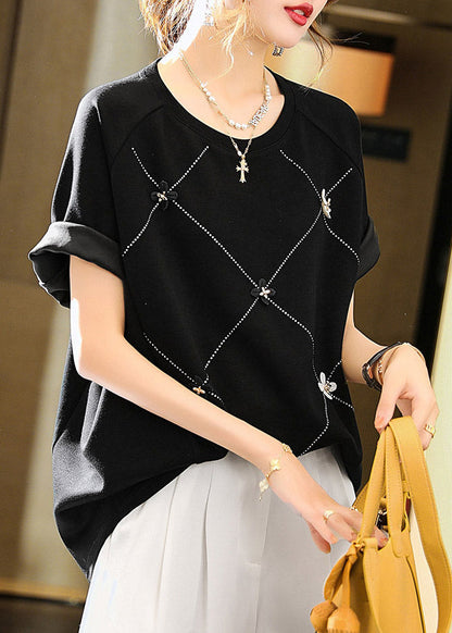 Women Black O-Neck Floral Tops Short Sleeve LY1522